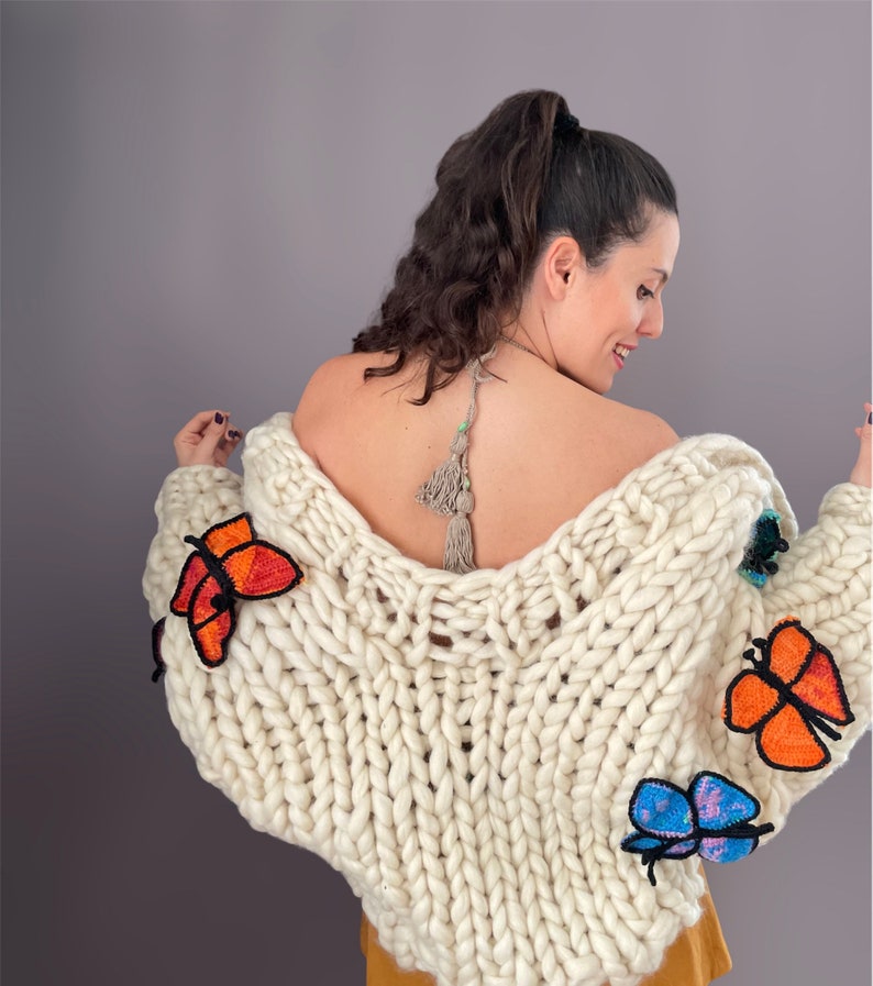 Chunky Knit Butterfly Cardigan Handmade Oversized Sweater Crochet Butterfly Pattern Multicolored Wool Puff Sleve Gift For Women image 8