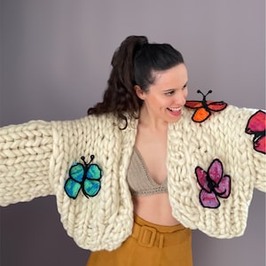 Chunky Knit Butterfly Cardigan Handmade Oversized Sweater Crochet Butterfly Pattern Multicolored Wool Puff Sleve Gift For Women image 1