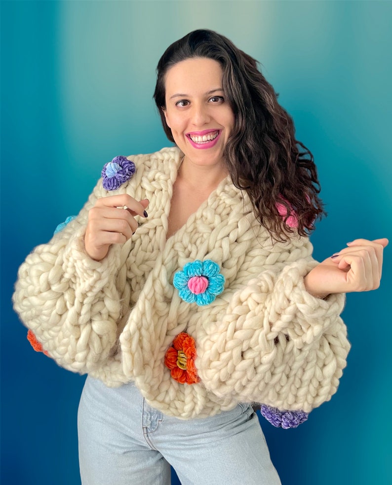 Chunky Knit Cardigan / Suéter de gran tamaño hecho a mano / Colorido Cardigan / Suéter floral hinchado y diseño personalizado / Venta imagen 5
