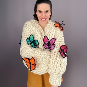 Chunky Knit Butterfly Cardigan Handmade Oversized Sweater Crochet Butterfly Pattern Multicolored Wool Puff Sleve Gift For Women image 3