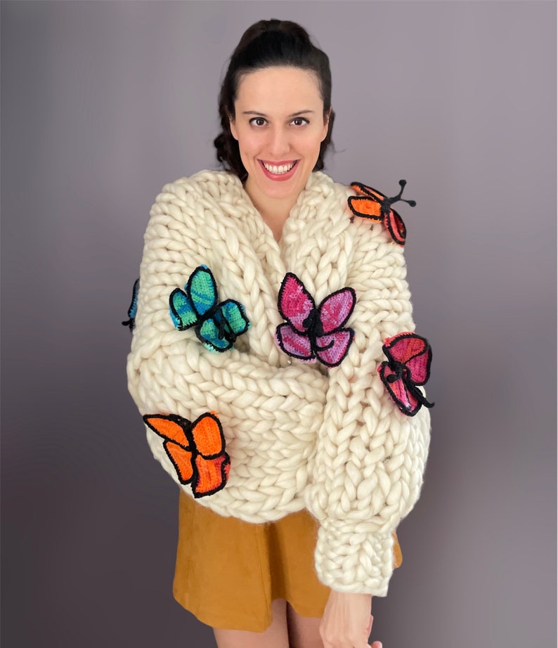 Chunky Knit Butterfly Cardigan Handmade Oversized Sweater Crochet Butterfly Pattern Multicolored Wool Puff Sleve Gift For Women image 3