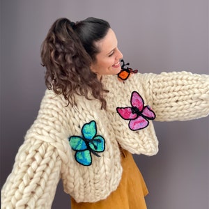 Chunky Knit Butterfly Cardigan Handmade Oversized Sweater Crochet Butterfly Pattern Multicolored Wool Puff Sleve Gift For Women image 2