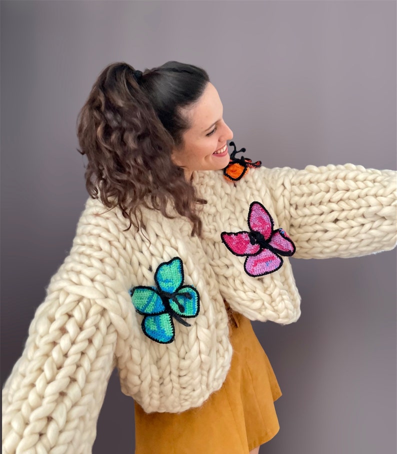 Chunky Knit Butterfly Cardigan Handmade Oversized Sweater Crochet Butterfly Pattern Multicolored Wool Puff Sleve Gift For Women image 2