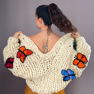 Chunky Knit Butterfly Cardigan Handmade Oversized Sweater Crochet Butterfly Pattern Multicolored Wool Puff Sleve Gift For Women image 6