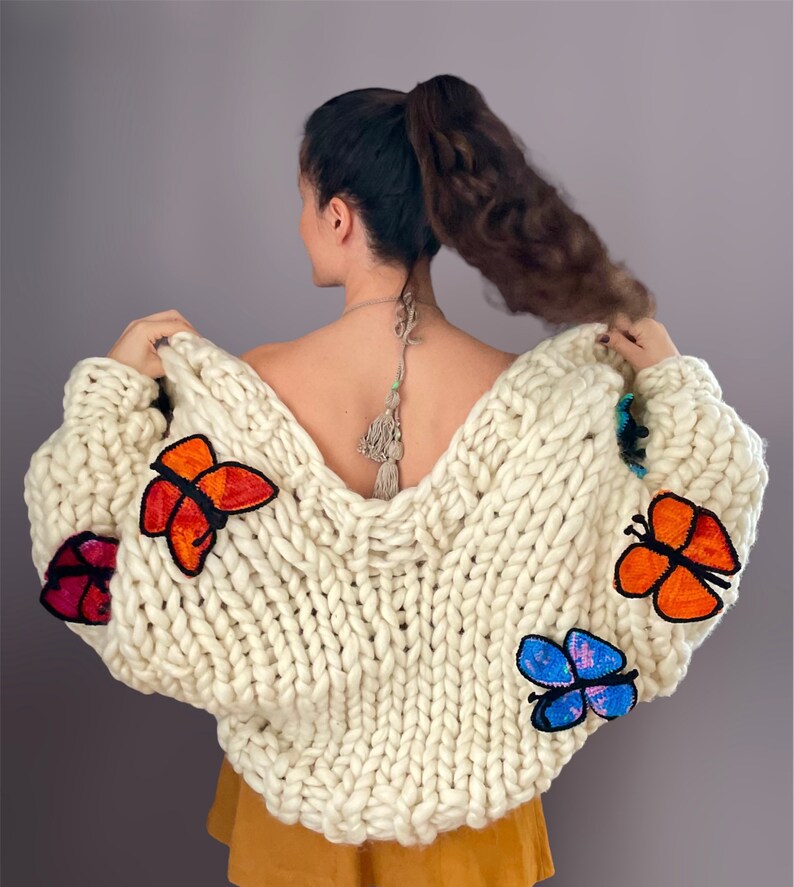 Chunky Knit Butterfly Cardigan Handmade Oversized Sweater Crochet Butterfly Pattern Multicolored Wool Puff Sleve Gift For Women image 6