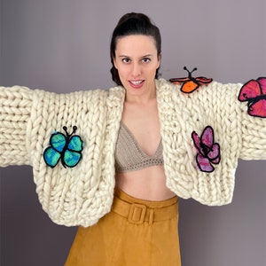 Chunky Knit Butterfly Cardigan Handmade Oversized Sweater Crochet Butterfly Pattern Multicolored Wool Puff Sleve Gift For Women image 7