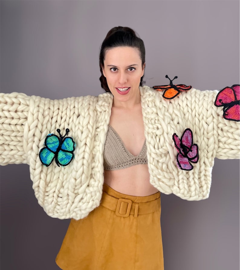 Chunky Knit Butterfly Cardigan Handmade Oversized Sweater Crochet Butterfly Pattern Multicolored Wool Puff Sleve Gift For Women image 7