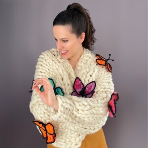 Chunky Knit Butterfly Cardigan Handmade Oversized Sweater Crochet Butterfly Pattern Multicolored Wool Puff Sleve Gift For Women image 5