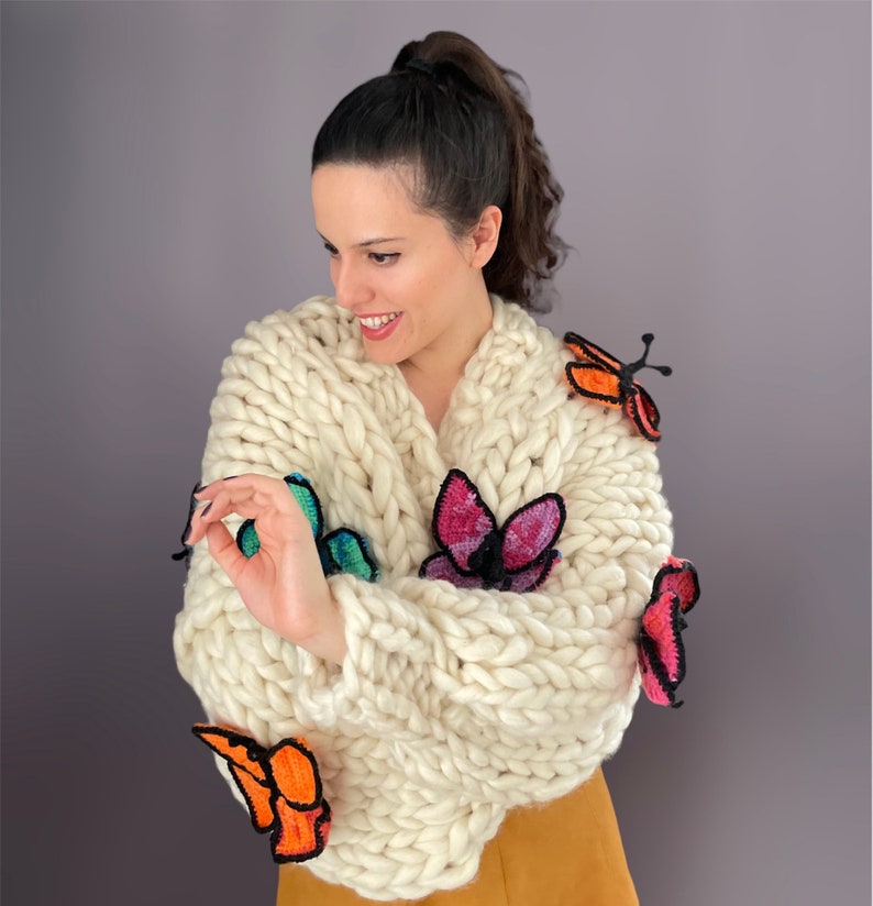 Chunky Knit Butterfly Cardigan Handmade Oversized Sweater Crochet Butterfly Pattern Multicolored Wool Puff Sleve Gift For Women image 5