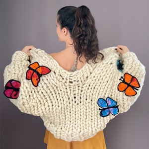 Chunky Knit Butterfly Cardigan Handmade Oversized Sweater Crochet Butterfly Pattern Multicolored Wool Puff Sleve Gift For Women image 9