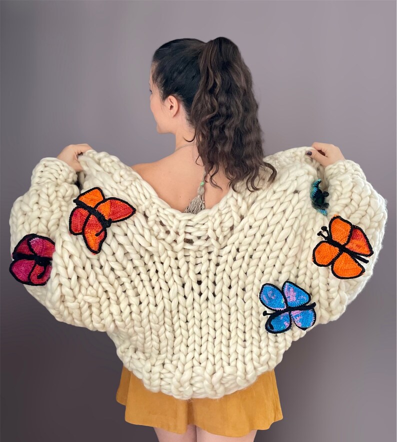 Chunky Knit Butterfly Cardigan Handmade Oversized Sweater Crochet Butterfly Pattern Multicolored Wool Puff Sleve Gift For Women image 9