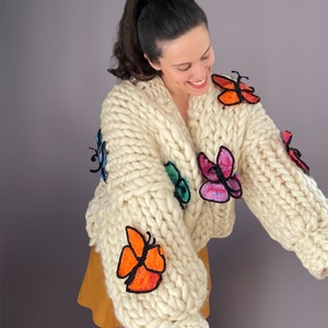 Chunky Knit Butterfly Cardigan Handmade Oversized Sweater Crochet Butterfly Pattern Multicolored Wool Puff Sleve Gift For Women image 4