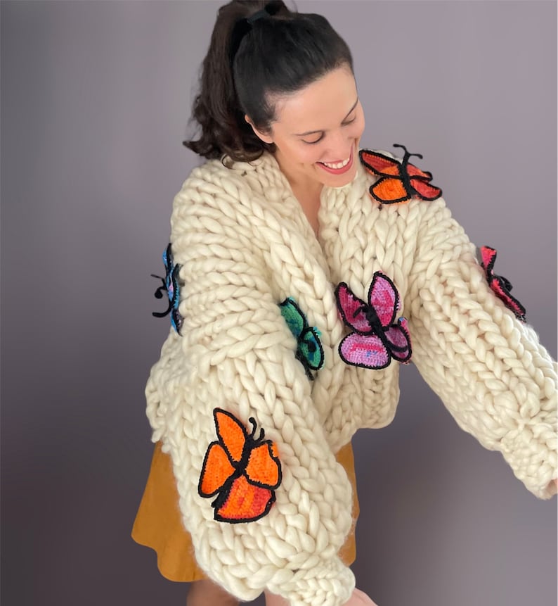 Chunky Knit Butterfly Cardigan Handmade Oversized Sweater Crochet Butterfly Pattern Multicolored Wool Puff Sleve Gift For Women image 4