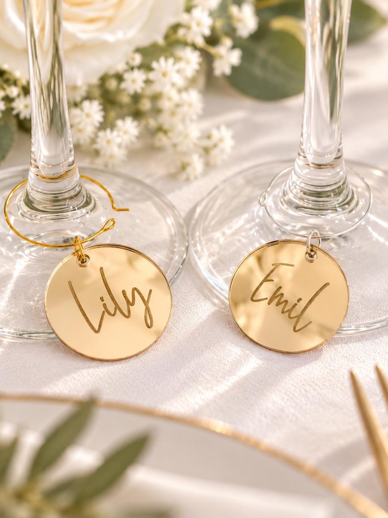 May include: Two circular gold-toned mirrored wine glass charms attached to the stems of two clear glass flutes. Each charm features a custom name engraved in a cursive script, with one charm reading Lily and the other charm reading Emil.