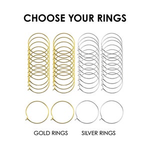 May include: A collection of circular metal rings arranged in stacks and pairs. The text CHOOSE YOUR RINGS appears at the top, with GOLD RINGS and SILVER RINGS labels below. The set includes multiple gold-toned and silver-toned wire hoops.