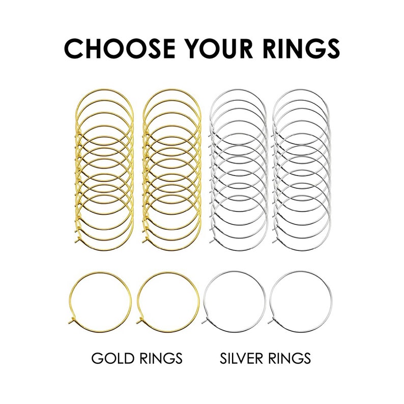 May include: A collection of circular metal rings arranged in stacks and pairs. The text CHOOSE YOUR RINGS appears at the top, with GOLD RINGS and SILVER RINGS labels below. The set includes multiple gold-toned and silver-toned wire hoops.