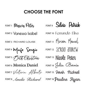 May include: A black text chart titled CHOOSE THE FONT displaying sixteen distinct font styles labelled FONT 1 through FONT 16. Each numbered entry features two example names written in that specific typeface, showcasing a variety of script, serif, and sans-serif styles.