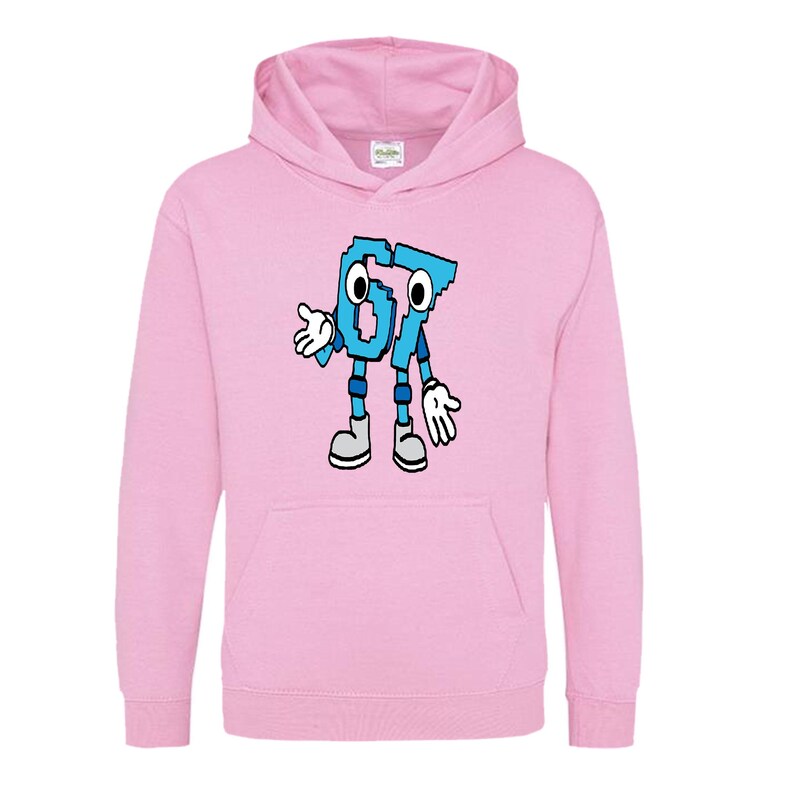 May include: A light pink hooded sweatshirt featuring a cartoon character made of the numbers 6 and 7 in light blue. The character has arms, legs, and feet, and is smiling. The sweatshirt has a kangaroo pocket and a drawstring hood.