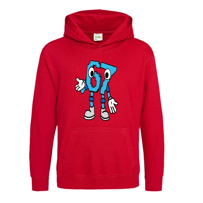 May include: A red hooded sweatshirt featuring a cartoon graphic of the number "67" in blue with black outlines. The "67" has arms, legs, and a face. The sweatshirt has a front pocket and a drawstring hood.