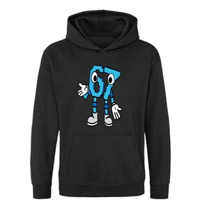 May include: Black hooded sweatshirt featuring a cartoon character made of the number 67 in light blue. The character has arms, legs, and a friendly expression. The design is centered on the front of the sweatshirt.