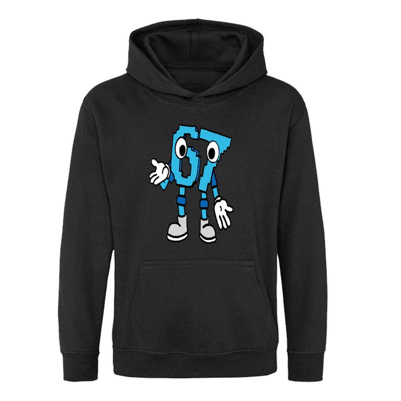 May include: Black hooded sweatshirt featuring a cartoon character made of the number 67 in light blue. The character has arms, legs, and a friendly expression. The design is centered on the front of the sweatshirt.
