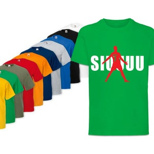 May include: A set of ten t-shirts in various colors, including yellow, green, red, orange, blue, grey, and black. Each shirt features a silhouette of a soccer player with the word "SIUUU" printed in white.