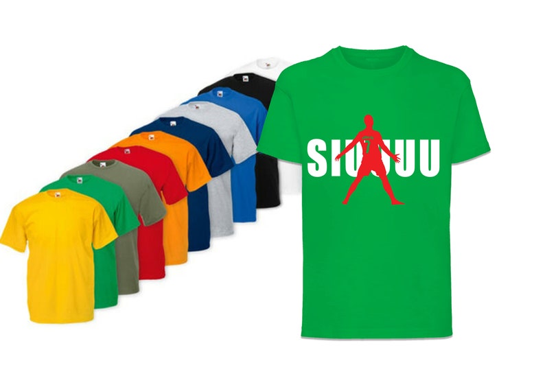May include: A set of ten t-shirts in various colors, including yellow, green, red, orange, blue, grey, and black. Each shirt features a silhouette of a soccer player with the word "SIUUU" printed in white.