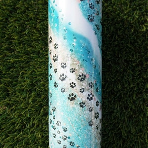 Blue and silver swirl tumbler with paw prints