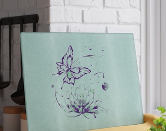 Butterfly and Lotus Flower - Glass Cutting Board