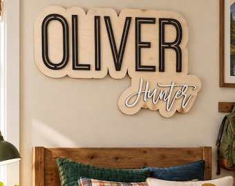 Large Wood Name Sign Nursery Name Sign Above Crib Cut Out Layered Baby Name Sign Double Baby Name Sign Boho Wooden Sign Baby Room Decor