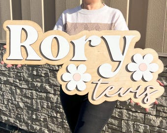 Wooden Name Sign Layered Nursery Decor Floral Wall Art Personalized Baby Name