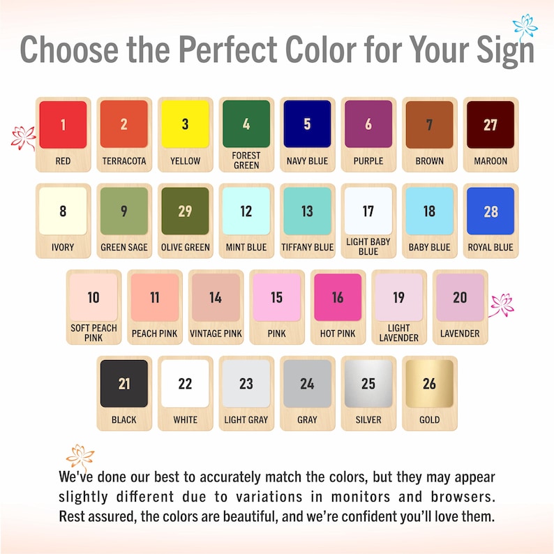 May include: Color chart for signs, featuring 28 color options, each in a numbered square. Colors range from red, yellow, and green to blue, purple, and pink. Includes text: "Choose the Perfect Color for Your Sign."
