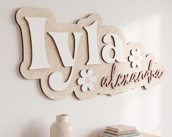 Custom Baby Name Sign | Personalized Wooden Nursery Decor | Laser Cut Name Art | Layered Floral Wall Sign