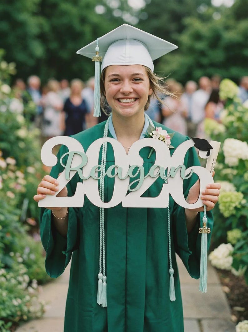May include: A graduate in a green gown and cap holds a wooden sign that reads "2020 Reagan." The sign has a mint green font. The graduate is smiling, and the background includes greenery and other people.
