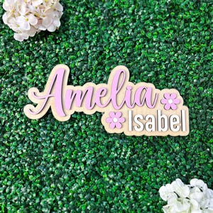 May include: A wooden name sign featuring the name Amelia in large pink script lettering and the name Isabel in white block lettering, accented with two small pink flower cutouts, positioned between two clusters of white hydrangea flowers.