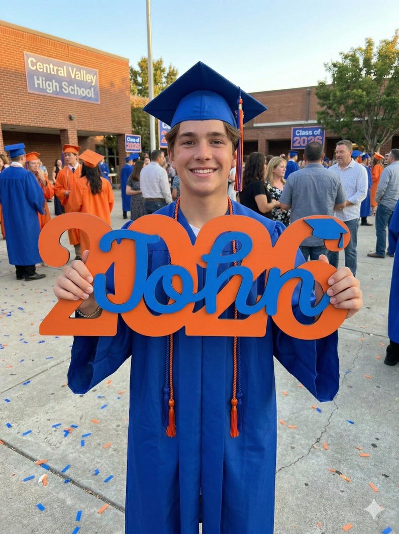 senior graduation photo setup using wooden name sign