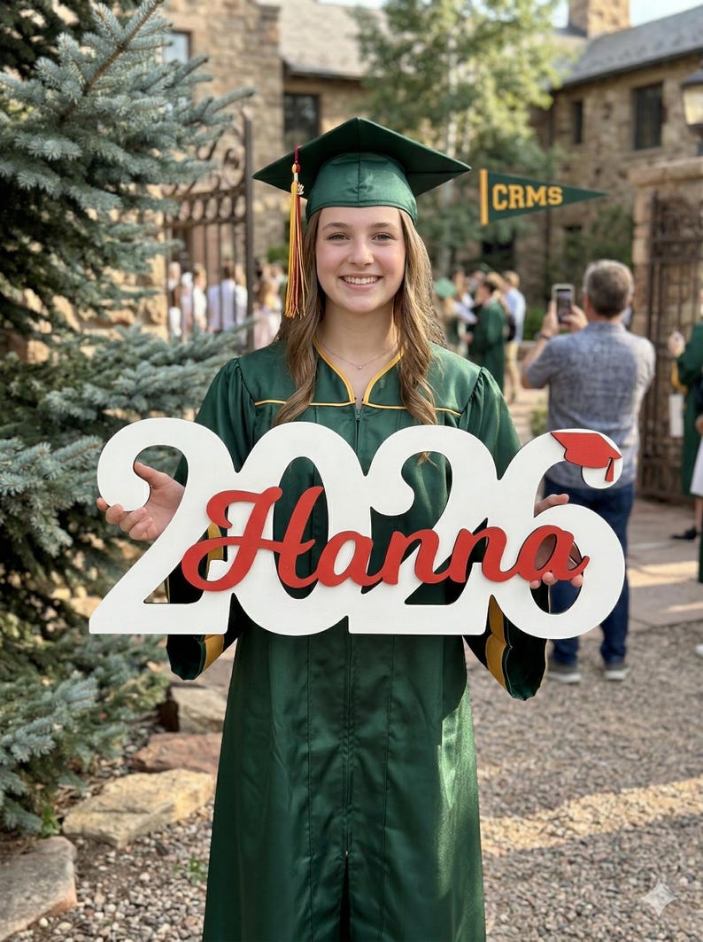graduation celebration display with wooden decor sign