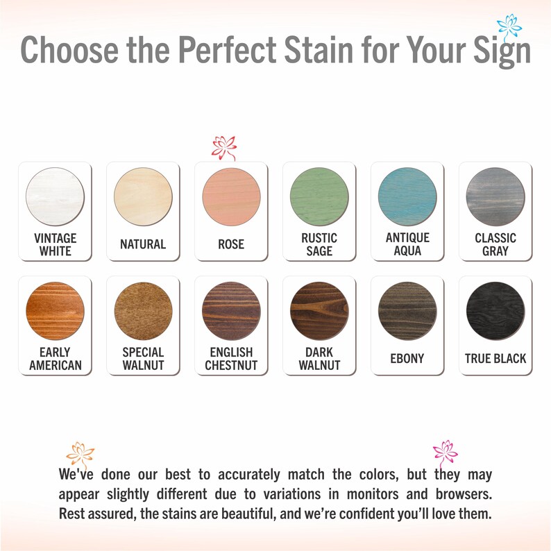 May include: A chart displaying 12 wood stain colours with their names. The colours include Vintage White, Natural, Rose, Rustic Sage, Antique Aqua, Classic Grey, Early American, Special Walnut, English Chestnut, Dark Walnut, Ebony, and True Black.