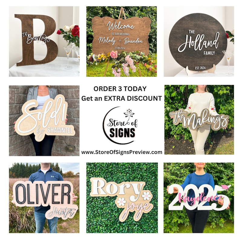 May include: A collection of wooden signs with various designs and text. Includes a large letter "B" with "to Bentleys", a welcome sign for a wedding, a round sign with "The Holland Family", and signs with names and dates. The signs are in various colors.