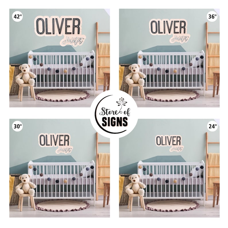 May include: A wall sign featuring the name Oliver Hunter in black and script lettering, displayed in four sizes: 42 inches, 36 inches, 30 inches, and 24 inches. The sign is shown mounted above a white crib with a teddy bear and a pom-pom garland.