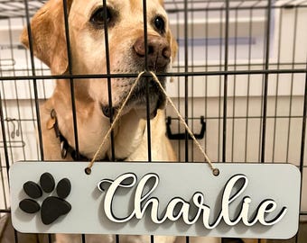 Personalized Dog Crate Sign: Wooden Bone Pet Name Tag CAW