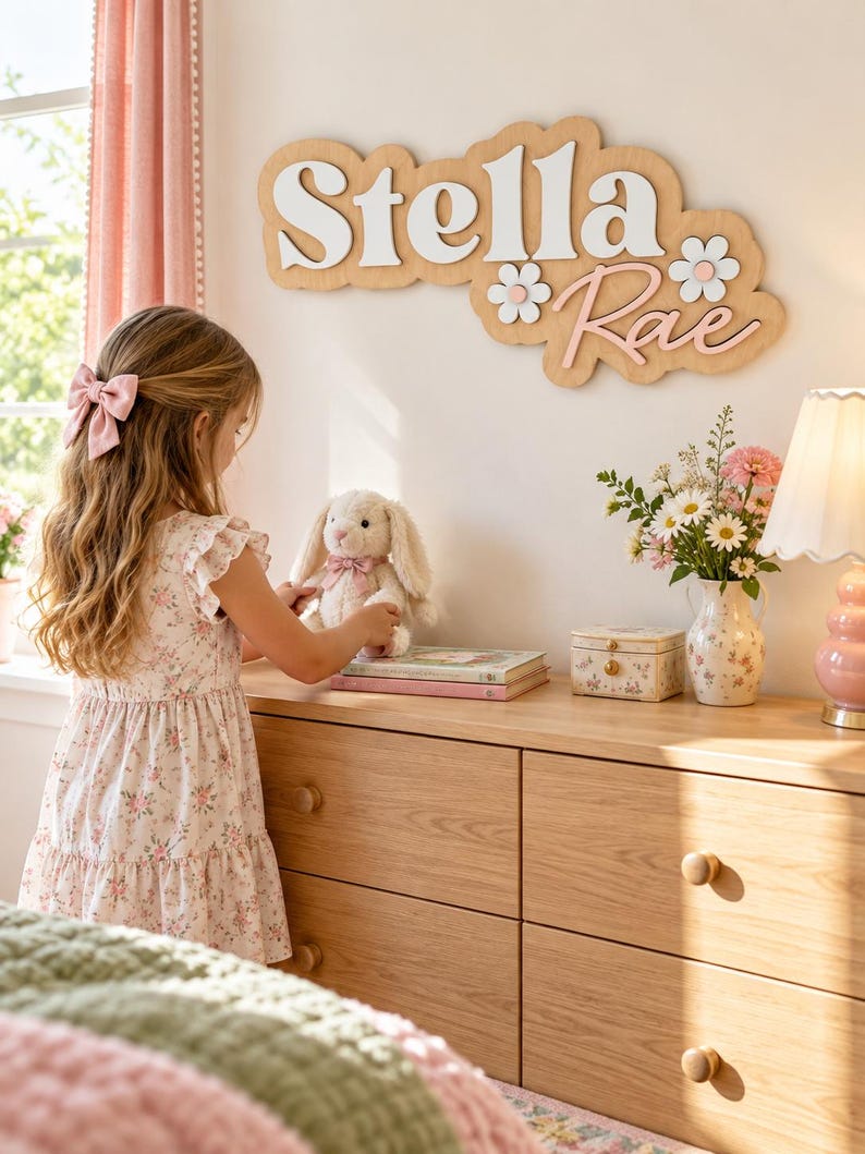 May include: A wooden wall sign featuring the name Stella Rae in white and pink layered lettering, accented with two white flowers with pink centers. The sign is mounted on a light wood-toned backing with a cloud-like, scalloped edge shape.