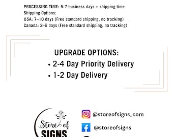 SHIPPING Upgrade Options: Shipping with # number - 2-4 Day Priority Delivery - 1-2 Day Delivery US