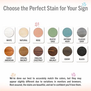 Op de afbeelding: Een kleurenkaart getiteld Choose the Perfect Stain for Your Sign met twaalf cirkelvormige houtbeitsmonsters gelabeld White, Natural, Rose, Rustic Sage, Antique Aqua, Classic Gray, Early American, Special Walnut, English Chestnut, Dark Walnut, Ebony en Black.