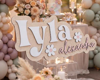 Custom Baby Name Sign | Personalized Wooden Nursery Decor | Laser Cut Name Art | Layered Floral Wall Sign