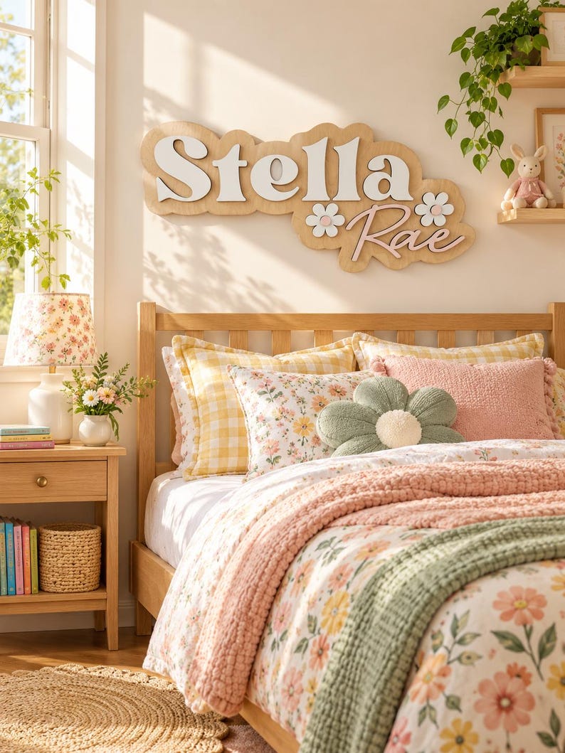 May include: A custom wooden wall sign featuring the name Stella Rae in white and pink layered lettering, accented with two white flower cutouts. The sign is mounted on a light wood backing with a scalloped edge, displayed above a wooden bed frame.