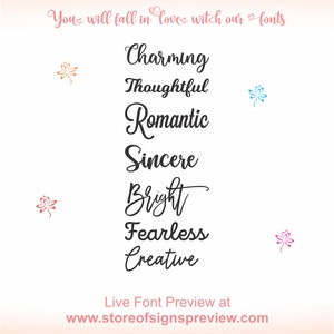 May include: A white background with the text "You will fall in love with our fonts" in pink script. Below, the words "Charming, Thoughtful, Romantic, Sincere, Bright, Fearless, Creative" are displayed in a black script font. Small floral illustrations are scattered around the text. The website address is also included.