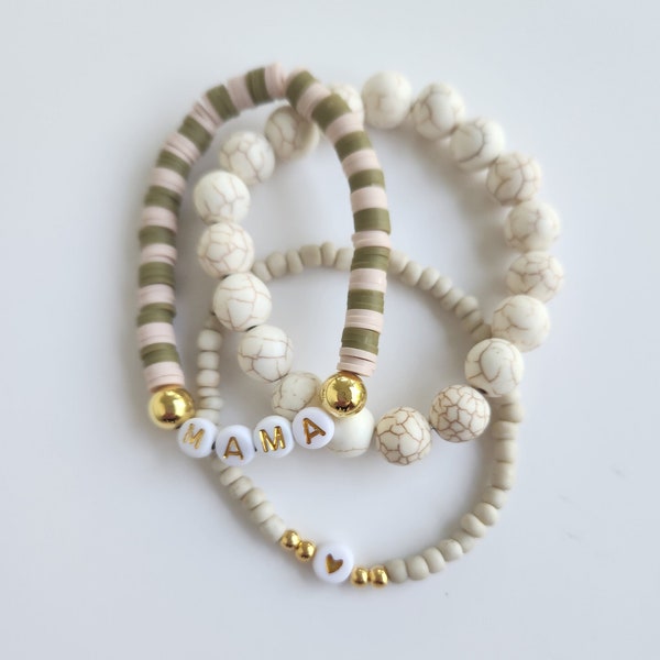 Mama Bracelet Set |Mama Gift| Crackeled Stone|Tan Set| Mothers Day Jewelry |Name Bracelet |Mom Jewelry|Personalized Jewelry | Custom Jewelry
