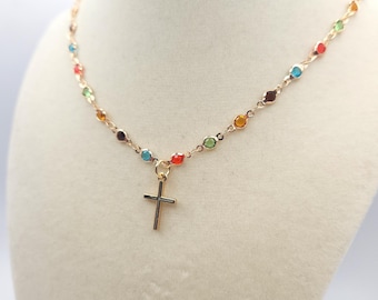 Dainty Multicolored Gemstone Cross Necklace, Thin Gold Chain Jewelry