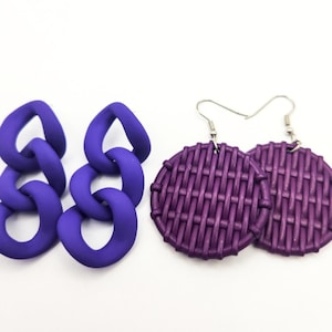 Purple Earrings: Wood Teardrop, Metal Circle, Chain Link